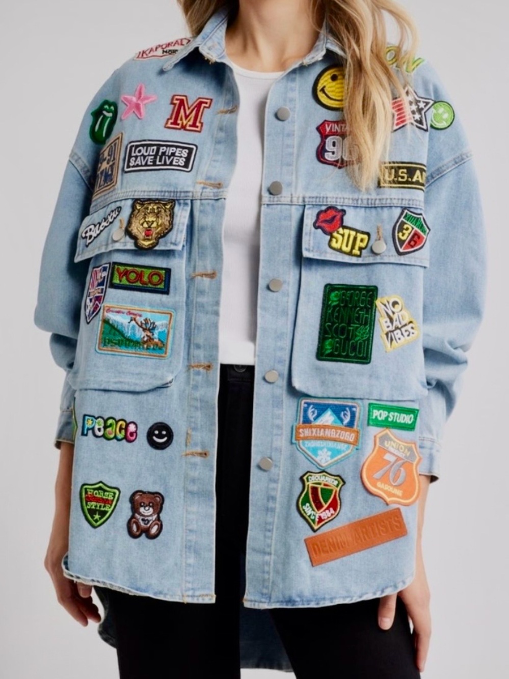 NWT Nikki Lund Thora Patch Denim Oversized Boyfriend Jacket Size Medium